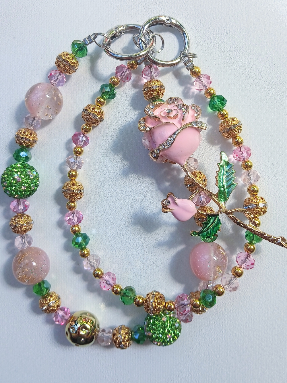 Handcrafted Pink Rose & Green Crystal Purse Charm